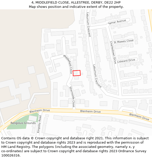 4, MIDDLEFIELD CLOSE, ALLESTREE, DERBY, DE22 2HP: Location map and indicative extent of plot