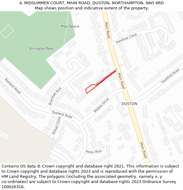 4, MIDSUMMER COURT, MAIN ROAD, DUSTON, NORTHAMPTON, NN5 6RD: Location map and indicative extent of plot