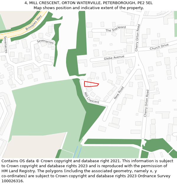 4, MILL CRESCENT, ORTON WATERVILLE, PETERBOROUGH, PE2 5EL: Location map and indicative extent of plot