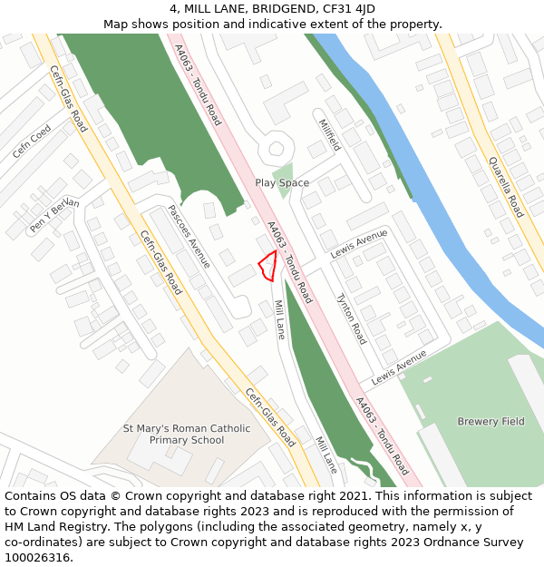 4, MILL LANE, BRIDGEND, CF31 4JD: Location map and indicative extent of plot