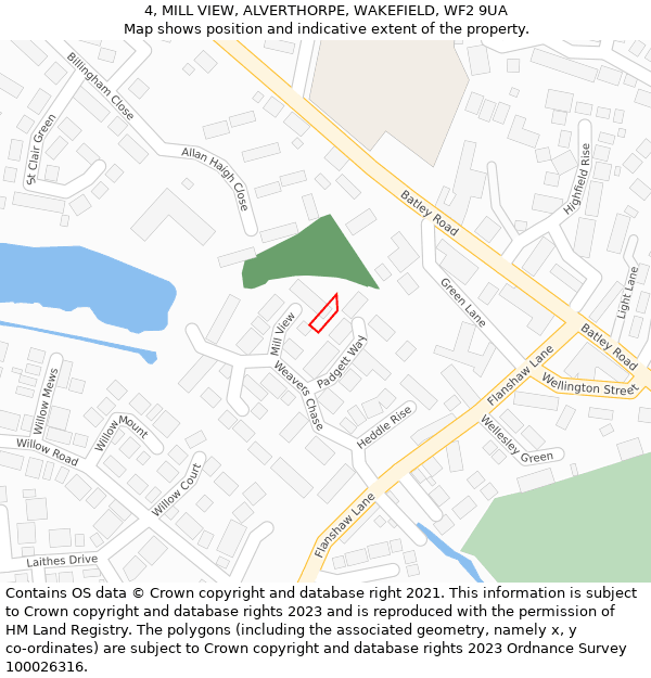 4, MILL VIEW, ALVERTHORPE, WAKEFIELD, WF2 9UA: Location map and indicative extent of plot