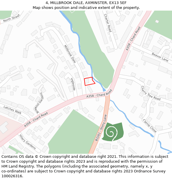 4, MILLBROOK DALE, AXMINSTER, EX13 5EF: Location map and indicative extent of plot