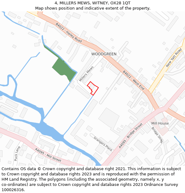 4, MILLERS MEWS, WITNEY, OX28 1QT: Location map and indicative extent of plot