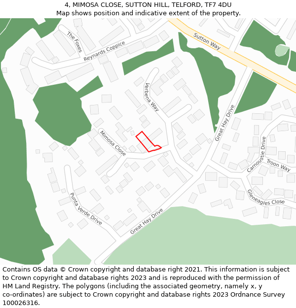 4, MIMOSA CLOSE, SUTTON HILL, TELFORD, TF7 4DU: Location map and indicative extent of plot