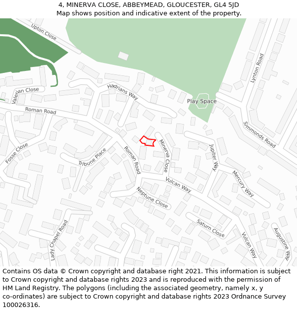 4, MINERVA CLOSE, ABBEYMEAD, GLOUCESTER, GL4 5JD: Location map and indicative extent of plot