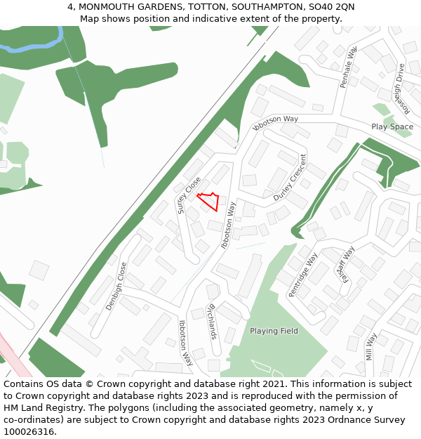 4, MONMOUTH GARDENS, TOTTON, SOUTHAMPTON, SO40 2QN: Location map and indicative extent of plot