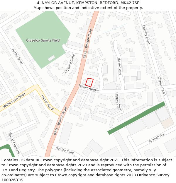 4, NAYLOR AVENUE, KEMPSTON, BEDFORD, MK42 7SF: Location map and indicative extent of plot