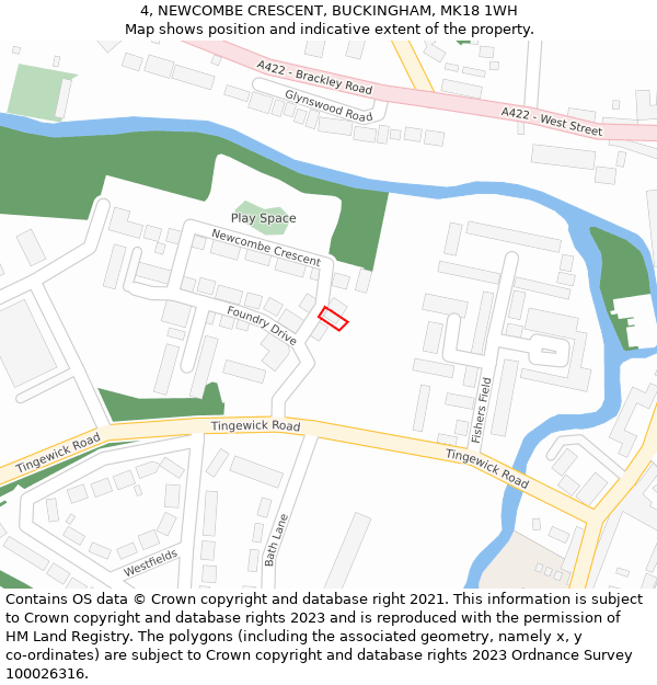 4, NEWCOMBE CRESCENT, BUCKINGHAM, MK18 1WH: Location map and indicative extent of plot