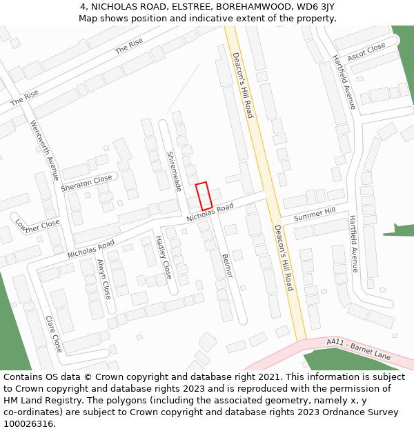 4, NICHOLAS ROAD, ELSTREE, BOREHAMWOOD, WD6 3JY: Location map and indicative extent of plot