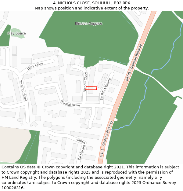 4, NICHOLS CLOSE, SOLIHULL, B92 0PX: Location map and indicative extent of plot