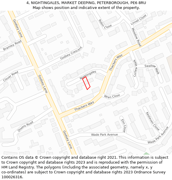 4, NIGHTINGALES, MARKET DEEPING, PETERBOROUGH, PE6 8RU: Location map and indicative extent of plot