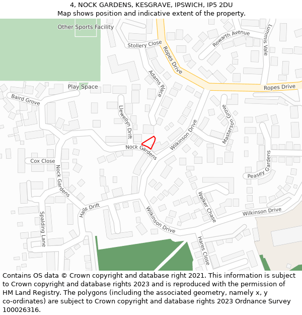 4, NOCK GARDENS, KESGRAVE, IPSWICH, IP5 2DU: Location map and indicative extent of plot