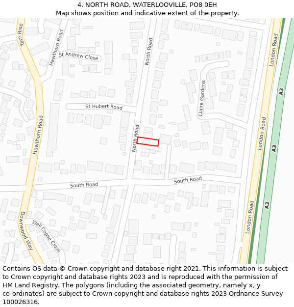 4, NORTH ROAD, WATERLOOVILLE, PO8 0EH: Location map and indicative extent of plot