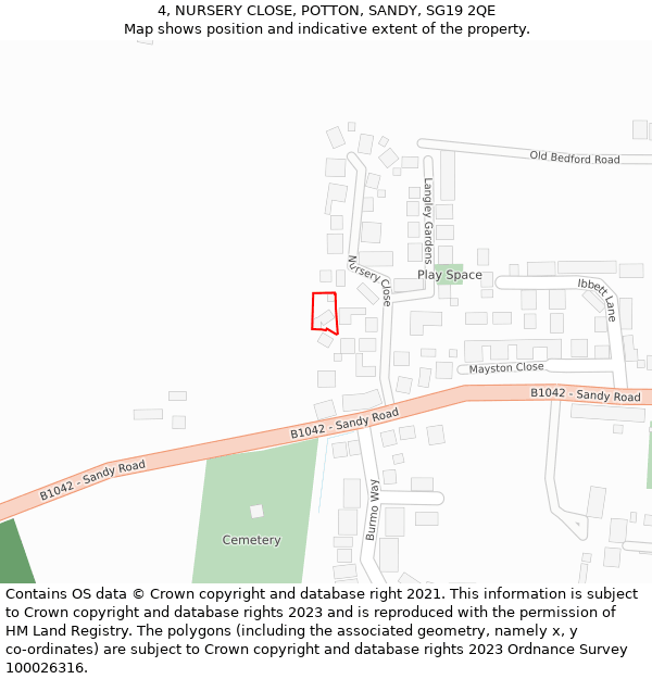 4, NURSERY CLOSE, POTTON, SANDY, SG19 2QE: Location map and indicative extent of plot