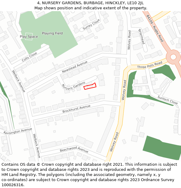 4, NURSERY GARDENS, BURBAGE, HINCKLEY, LE10 2JL: Location map and indicative extent of plot