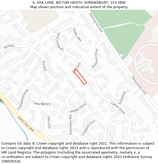 4, OAK LANE, BICTON HEATH, SHREWSBURY, SY3 5BW: Location map and indicative extent of plot