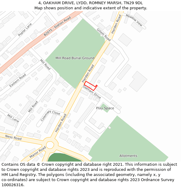 4, OAKHAM DRIVE, LYDD, ROMNEY MARSH, TN29 9DL: Location map and indicative extent of plot