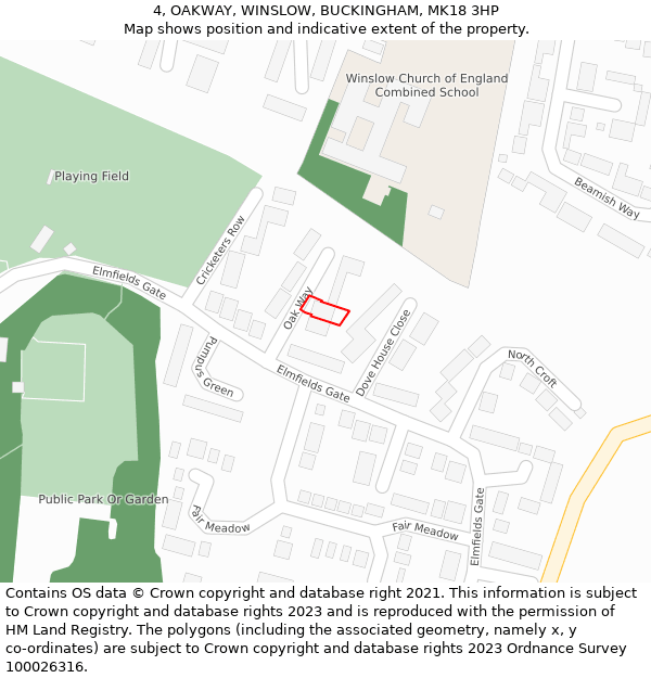 4, OAKWAY, WINSLOW, BUCKINGHAM, MK18 3HP: Location map and indicative extent of plot