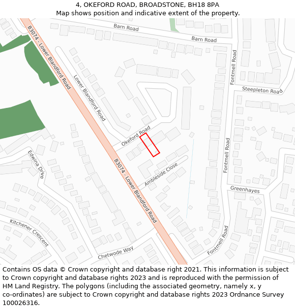 4, OKEFORD ROAD, BROADSTONE, BH18 8PA: Location map and indicative extent of plot