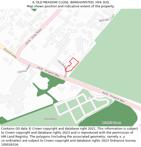 4, OLD MEADOW CLOSE, BERKHAMSTED, HP4 3UG: Location map and indicative extent of plot