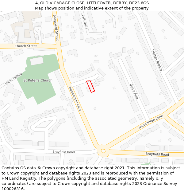 4, OLD VICARAGE CLOSE, LITTLEOVER, DERBY, DE23 6GS: Location map and indicative extent of plot