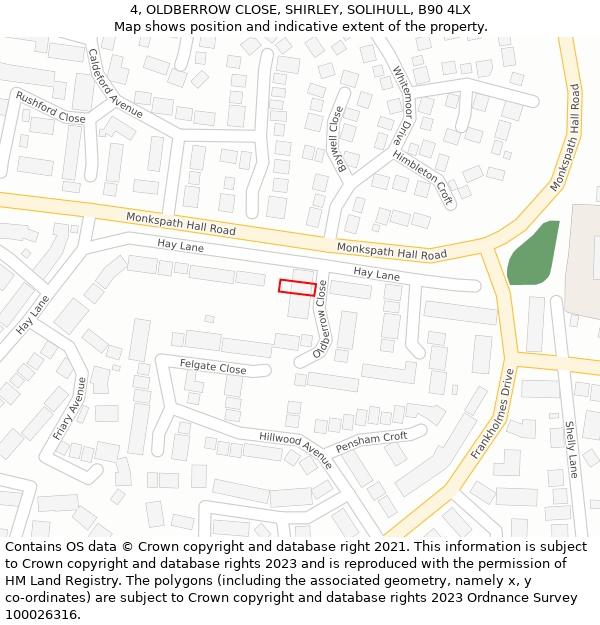 4, OLDBERROW CLOSE, SHIRLEY, SOLIHULL, B90 4LX: Location map and indicative extent of plot