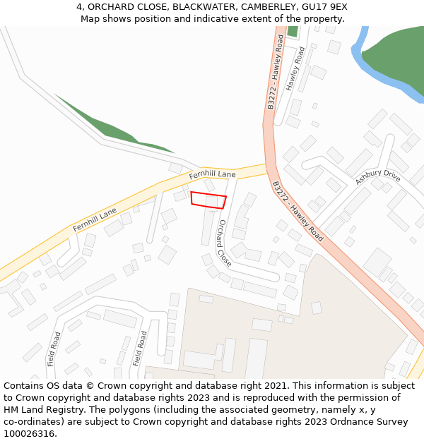 4, ORCHARD CLOSE, BLACKWATER, CAMBERLEY, GU17 9EX: Location map and indicative extent of plot