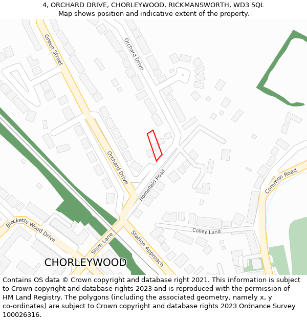 4, ORCHARD DRIVE, CHORLEYWOOD, RICKMANSWORTH, WD3 5QL: Location map and indicative extent of plot