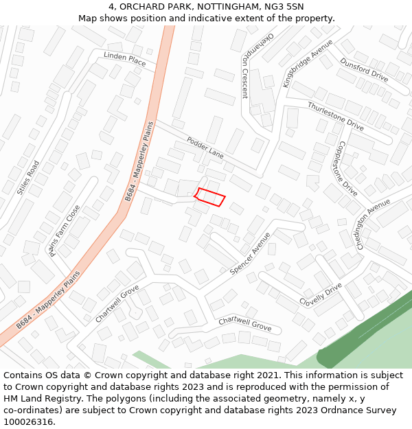 4, ORCHARD PARK, NOTTINGHAM, NG3 5SN: Location map and indicative extent of plot