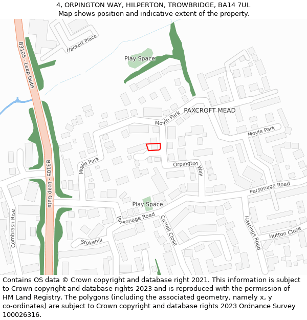 4, ORPINGTON WAY, HILPERTON, TROWBRIDGE, BA14 7UL: Location map and indicative extent of plot