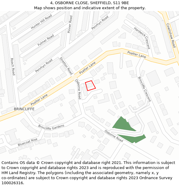 4, OSBORNE CLOSE, SHEFFIELD, S11 9BE: Location map and indicative extent of plot