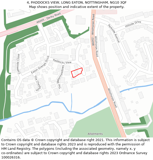 4, PADDOCKS VIEW, LONG EATON, NOTTINGHAM, NG10 3QF: Location map and indicative extent of plot