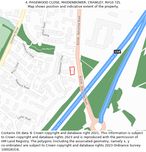 4, PAGEWOOD CLOSE, MAIDENBOWER, CRAWLEY, RH10 7ZL: Location map and indicative extent of plot