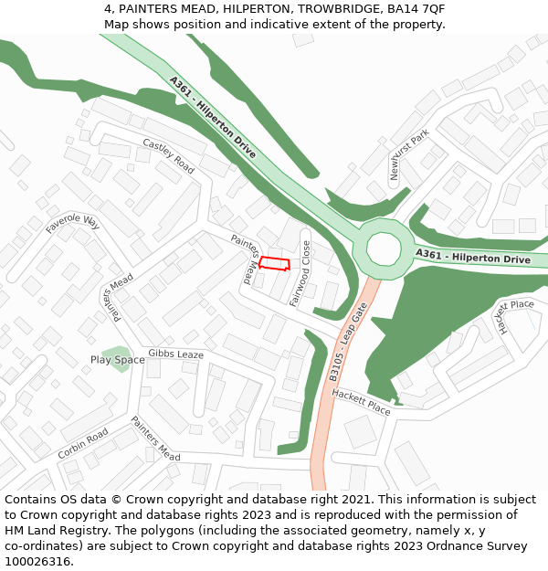 4, PAINTERS MEAD, HILPERTON, TROWBRIDGE, BA14 7QF: Location map and indicative extent of plot