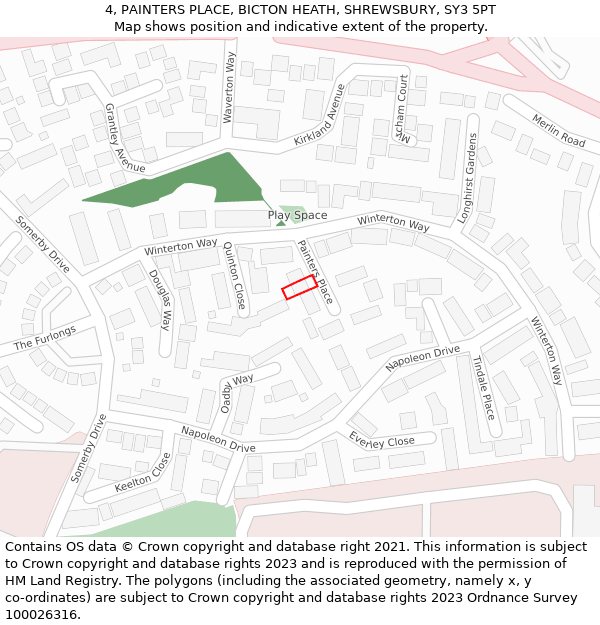 4, PAINTERS PLACE, BICTON HEATH, SHREWSBURY, SY3 5PT: Location map and indicative extent of plot