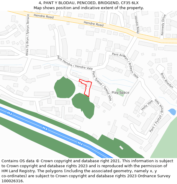 4, PANT Y BLODAU, PENCOED, BRIDGEND, CF35 6LX: Location map and indicative extent of plot