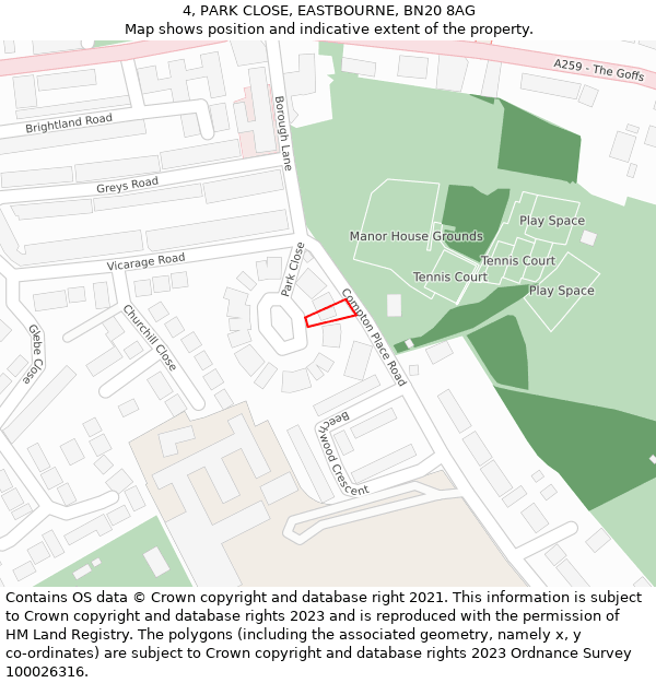 4, PARK CLOSE, EASTBOURNE, BN20 8AG: Location map and indicative extent of plot
