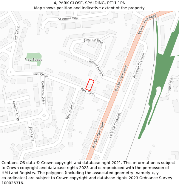 4, PARK CLOSE, SPALDING, PE11 1PN: Location map and indicative extent of plot