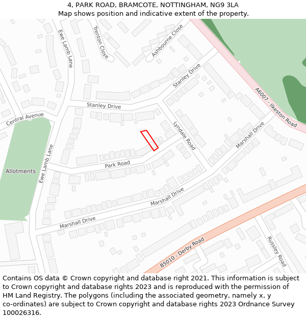 4, PARK ROAD, BRAMCOTE, NOTTINGHAM, NG9 3LA: Location map and indicative extent of plot
