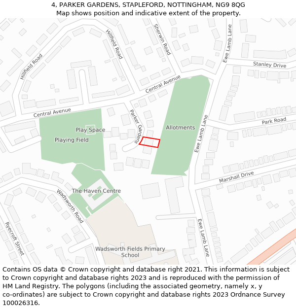 4, PARKER GARDENS, STAPLEFORD, NOTTINGHAM, NG9 8QG: Location map and indicative extent of plot