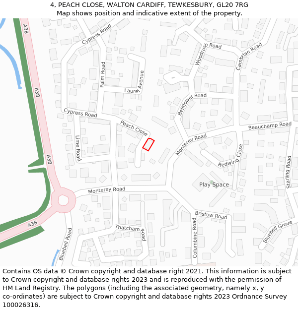 4, PEACH CLOSE, WALTON CARDIFF, TEWKESBURY, GL20 7RG: Location map and indicative extent of plot