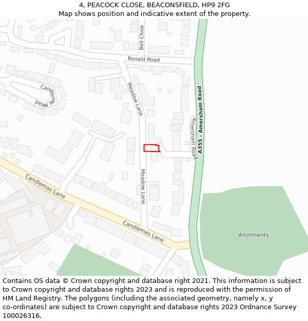 4, PEACOCK CLOSE, BEACONSFIELD, HP9 2FG: Location map and indicative extent of plot