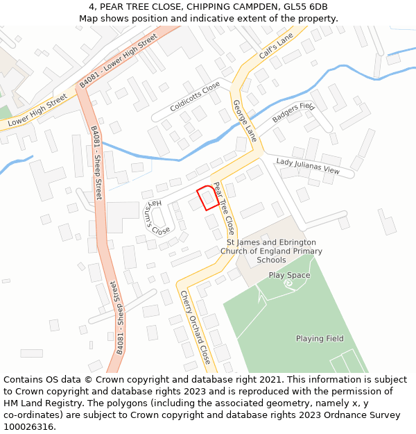 4, PEAR TREE CLOSE, CHIPPING CAMPDEN, GL55 6DB: Location map and indicative extent of plot