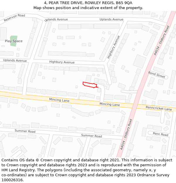 4, PEAR TREE DRIVE, ROWLEY REGIS, B65 9QA: Location map and indicative extent of plot