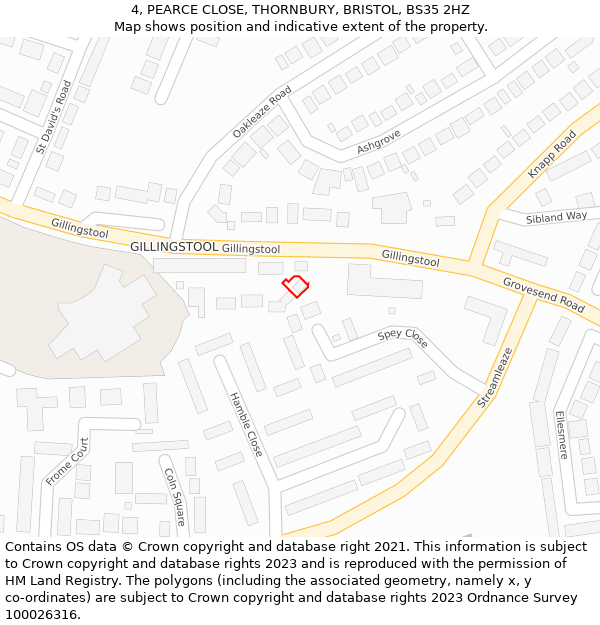 4, PEARCE CLOSE, THORNBURY, BRISTOL, BS35 2HZ: Location map and indicative extent of plot