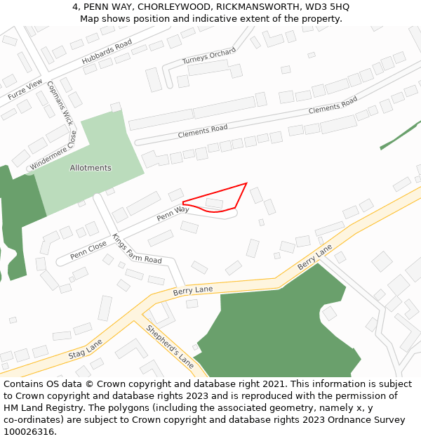 4, PENN WAY, CHORLEYWOOD, RICKMANSWORTH, WD3 5HQ: Location map and indicative extent of plot