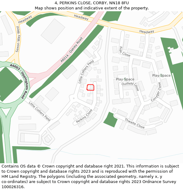 4, PERKINS CLOSE, CORBY, NN18 8FU: Location map and indicative extent of plot