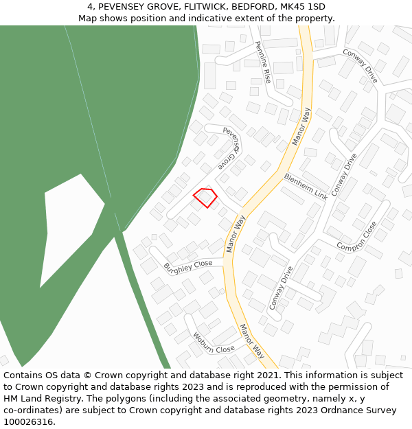 4, PEVENSEY GROVE, FLITWICK, BEDFORD, MK45 1SD: Location map and indicative extent of plot