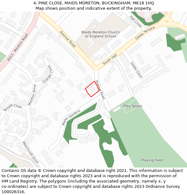 4, PINE CLOSE, MAIDS MORETON, BUCKINGHAM, MK18 1HQ: Location map and indicative extent of plot