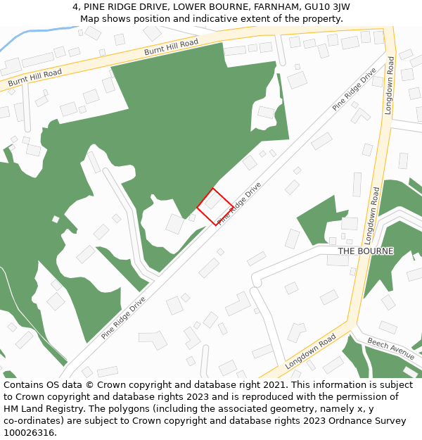 4, PINE RIDGE DRIVE, LOWER BOURNE, FARNHAM, GU10 3JW: Location map and indicative extent of plot